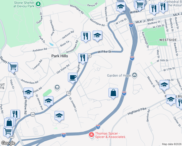 map of restaurants, bars, coffee shops, grocery stores, and more near 1109 Mount Allen Road in Park Hills