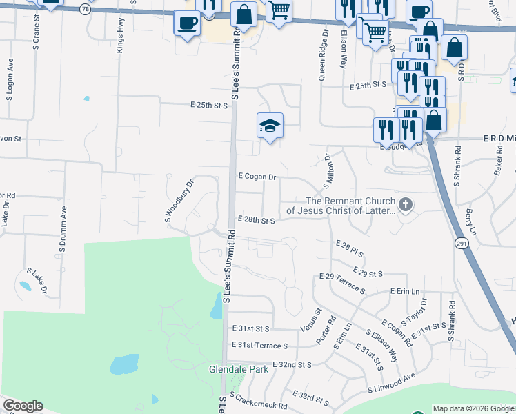 map of restaurants, bars, coffee shops, grocery stores, and more near 2729 Queen Ridge Drive in Independence