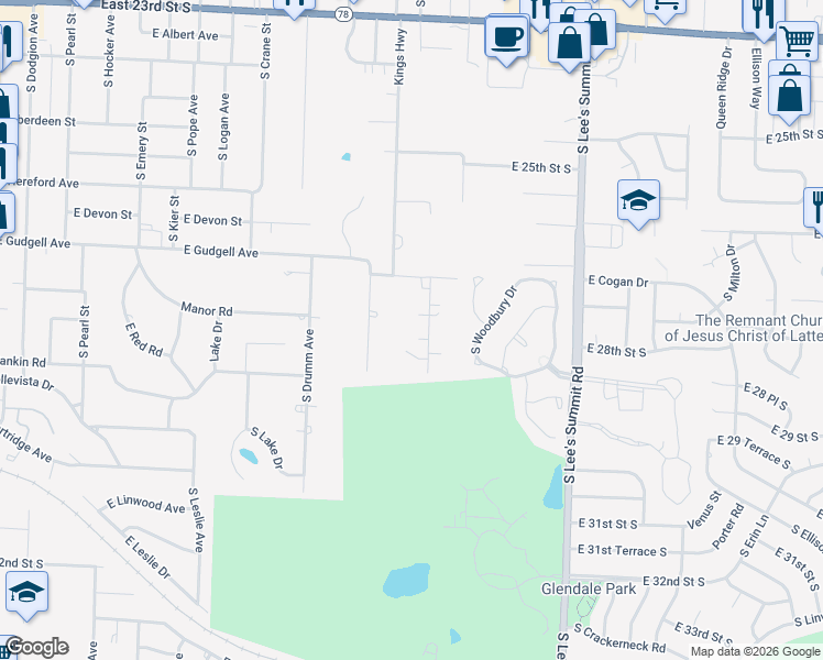 map of restaurants, bars, coffee shops, grocery stores, and more near 1708 1/2 Hands Street in Independence
