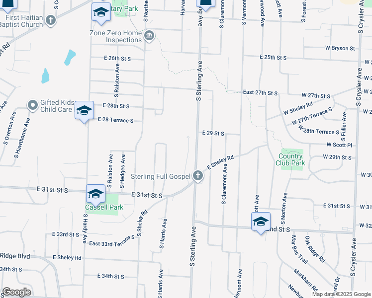 map of restaurants, bars, coffee shops, grocery stores, and more near 2912 South Harvard Avenue in Independence