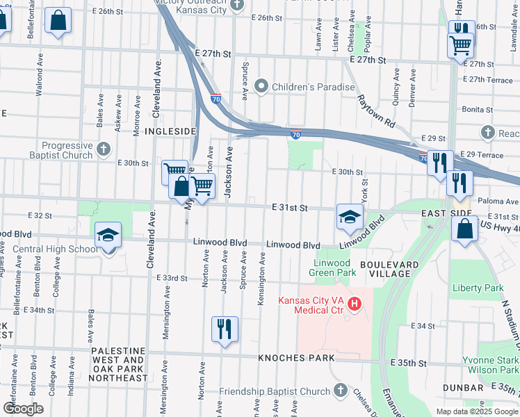 map of restaurants, bars, coffee shops, grocery stores, and more near 4305 East 31st Street in Kansas City