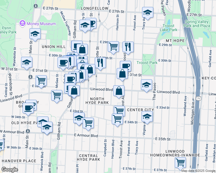 map of restaurants, bars, coffee shops, grocery stores, and more near 914 Linwood Boulevard in Kansas City