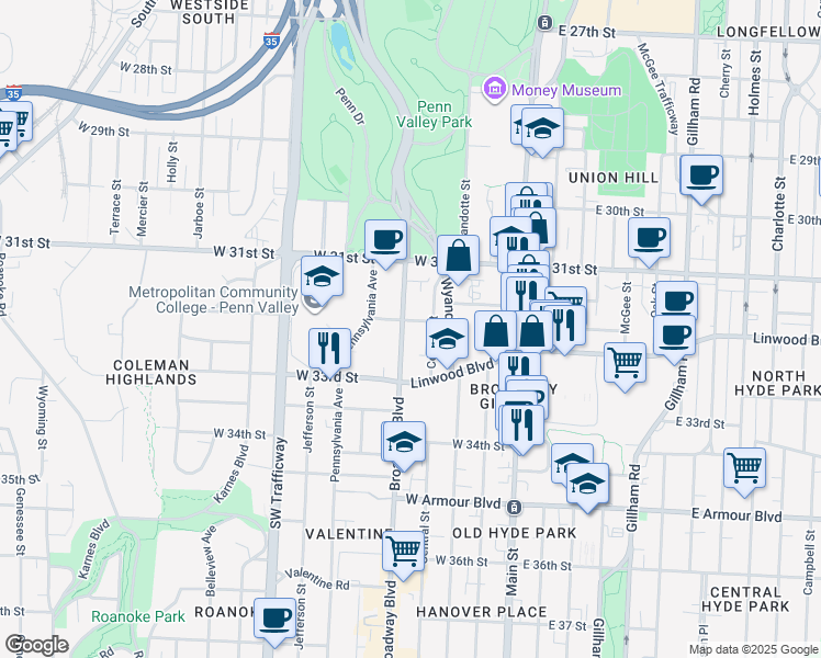 map of restaurants, bars, coffee shops, grocery stores, and more near 3207 Broadway Boulevard in Kansas City