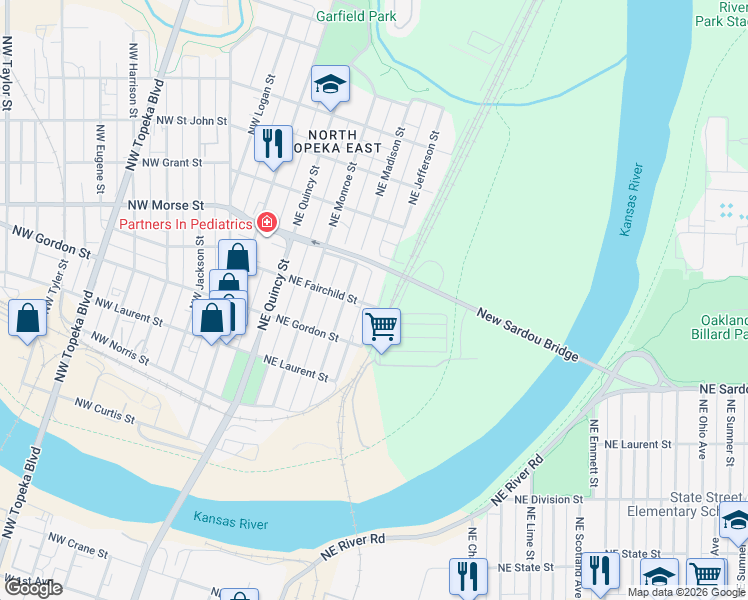 map of restaurants, bars, coffee shops, grocery stores, and more near 1100-1198 NE Jefferson St in Topeka