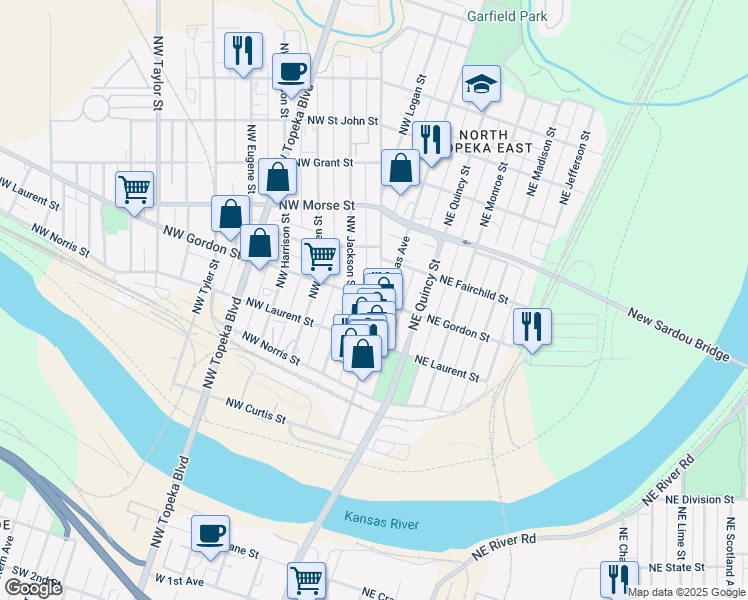 map of restaurants, bars, coffee shops, grocery stores, and more near 123 Northwest Gordon Street in Topeka