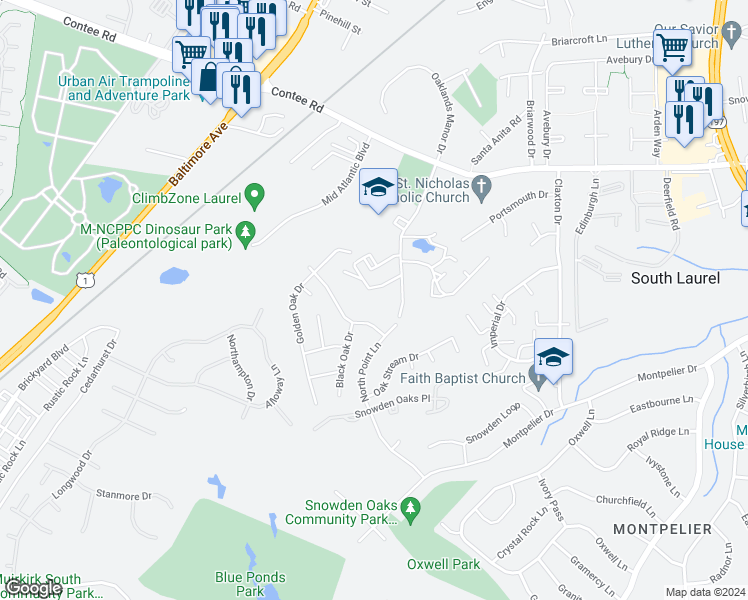 map of restaurants, bars, coffee shops, grocery stores, and more near 13104 Larchdale Road in Laurel