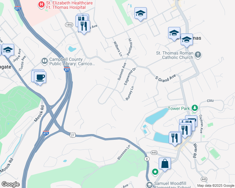 map of restaurants, bars, coffee shops, grocery stores, and more near 117 Burney Lane in Fort Thomas