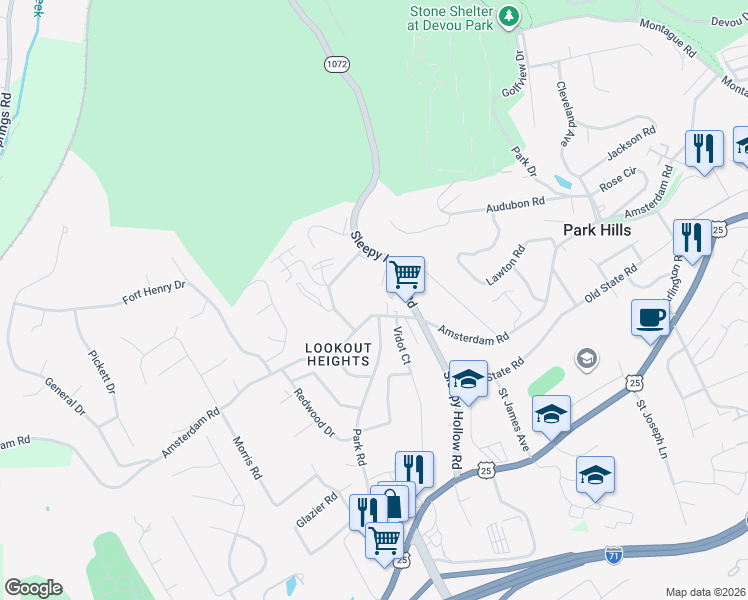 map of restaurants, bars, coffee shops, grocery stores, and more near 1528 Amsterdam Road in Fort Wright