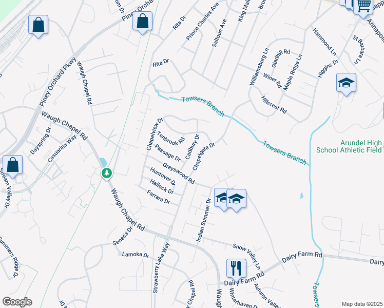 map of restaurants, bars, coffee shops, grocery stores, and more near 647 Cadbury Drive in Odenton