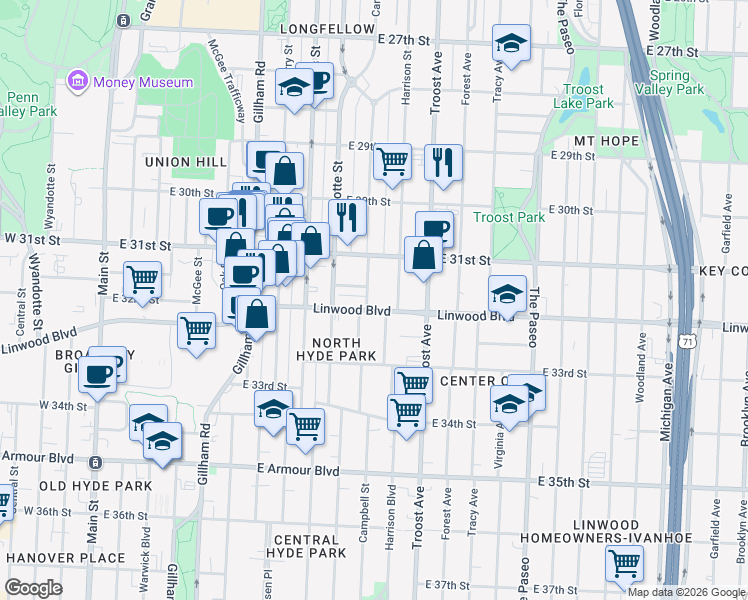 map of restaurants, bars, coffee shops, grocery stores, and more near 900 Linwood Boulevard in Kansas City