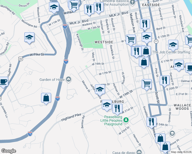 map of restaurants, bars, coffee shops, grocery stores, and more near 1702 Euclid Ave in Covington