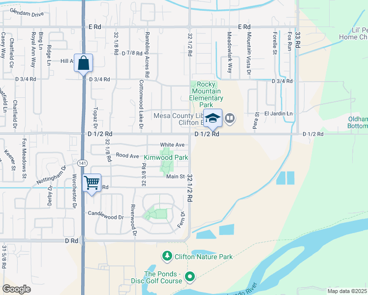 map of restaurants, bars, coffee shops, grocery stores, and more near 3 32 1/2 Road in Clifton