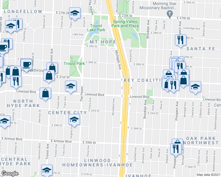 map of restaurants, bars, coffee shops, grocery stores, and more near 1700 Linwood Boulevard in Kansas City