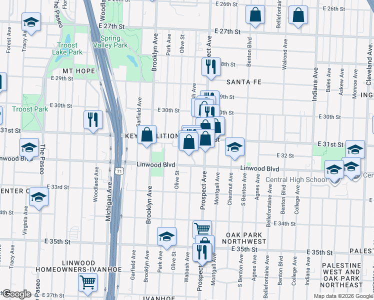 map of restaurants, bars, coffee shops, grocery stores, and more near 3110 Prospect Avenue in Kansas City