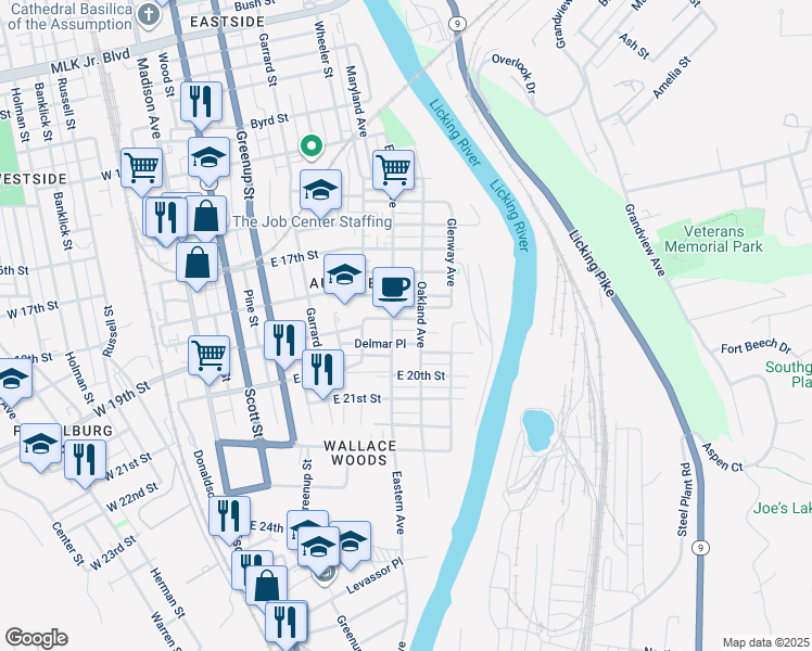 map of restaurants, bars, coffee shops, grocery stores, and more near 511 East 19th Street in Covington