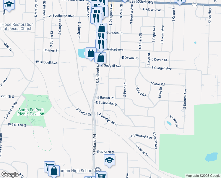 map of restaurants, bars, coffee shops, grocery stores, and more near 1810 South Dodgion Avenue in Independence