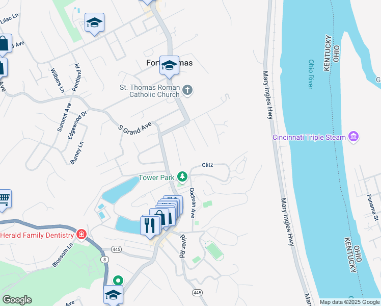 map of restaurants, bars, coffee shops, grocery stores, and more near 53 Rossmore Ave in Fort Thomas