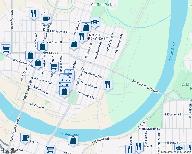 map of restaurants, bars, coffee shops, grocery stores, and more near 1030 NE Madison St in Topeka