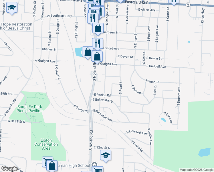 map of restaurants, bars, coffee shops, grocery stores, and more near 1810 South Dodgion Avenue in Independence