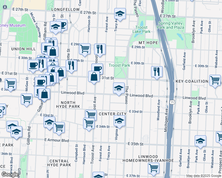 map of restaurants, bars, coffee shops, grocery stores, and more near 1224 Linwood Boulevard in Kansas City
