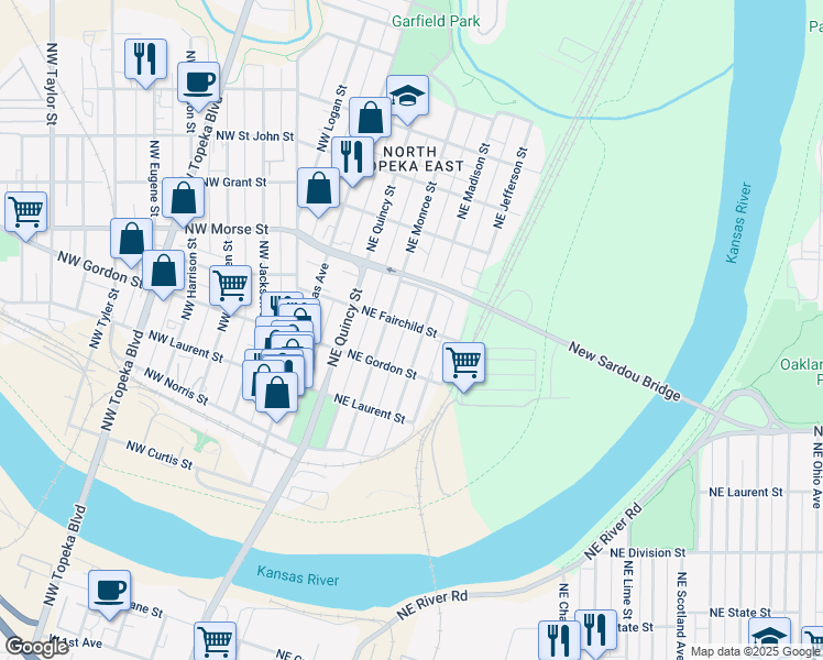 map of restaurants, bars, coffee shops, grocery stores, and more near 1030 NE Madison St in Topeka
