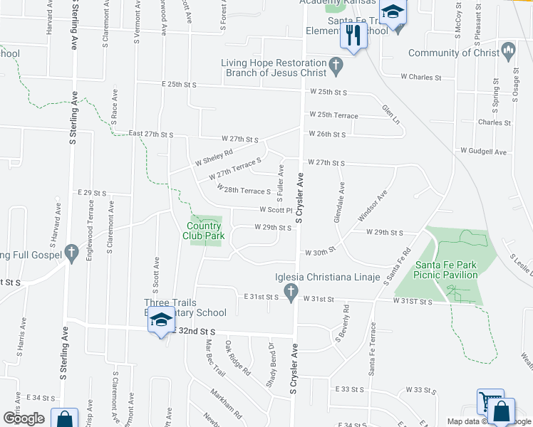 map of restaurants, bars, coffee shops, grocery stores, and more near 1415 West Scott Place in Independence