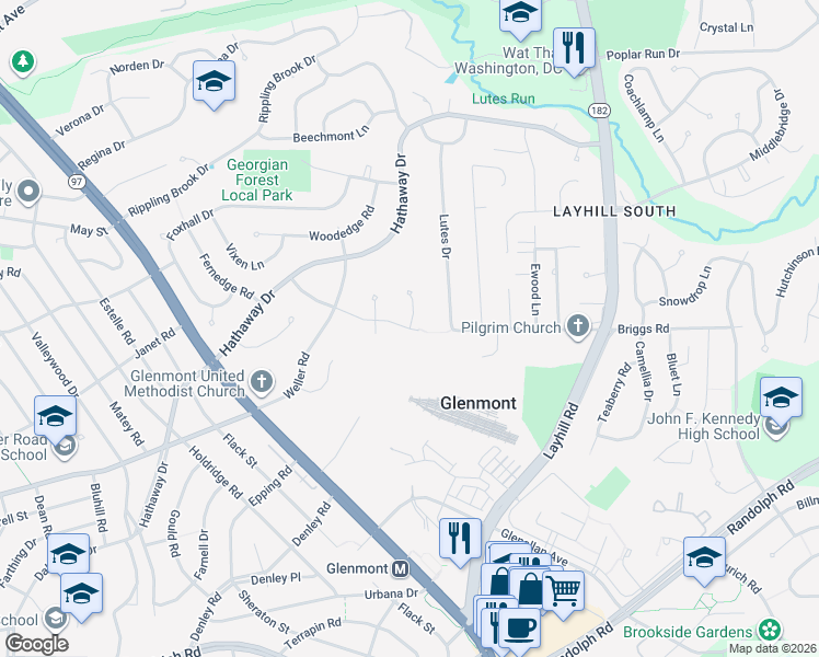 map of restaurants, bars, coffee shops, grocery stores, and more near Briggs Rd & Briggs Ct in Wheaton-Glenmont