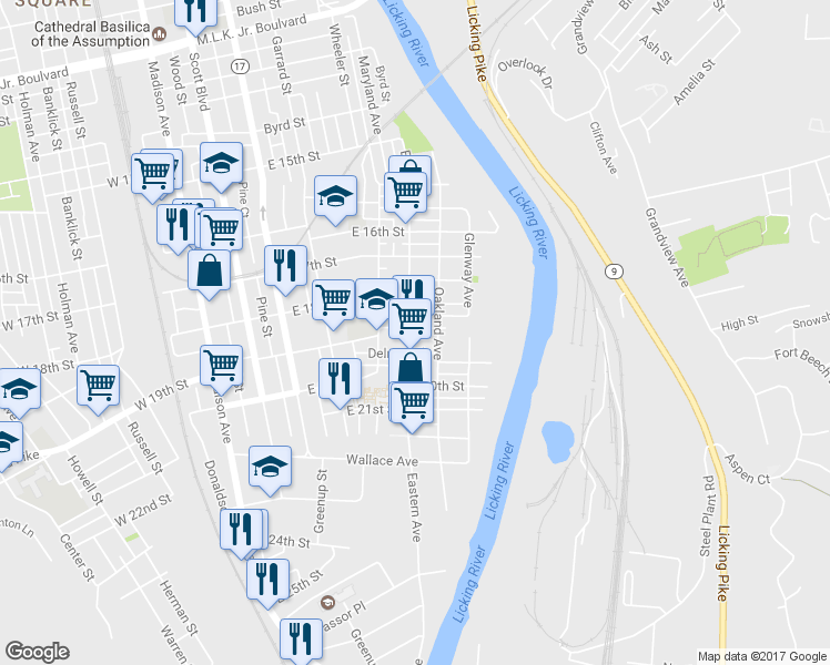 map of restaurants, bars, coffee shops, grocery stores, and more near 1902 Eastern Avenue in Covington