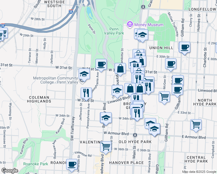 map of restaurants, bars, coffee shops, grocery stores, and more near 3207 Broadway Boulevard in Kansas City