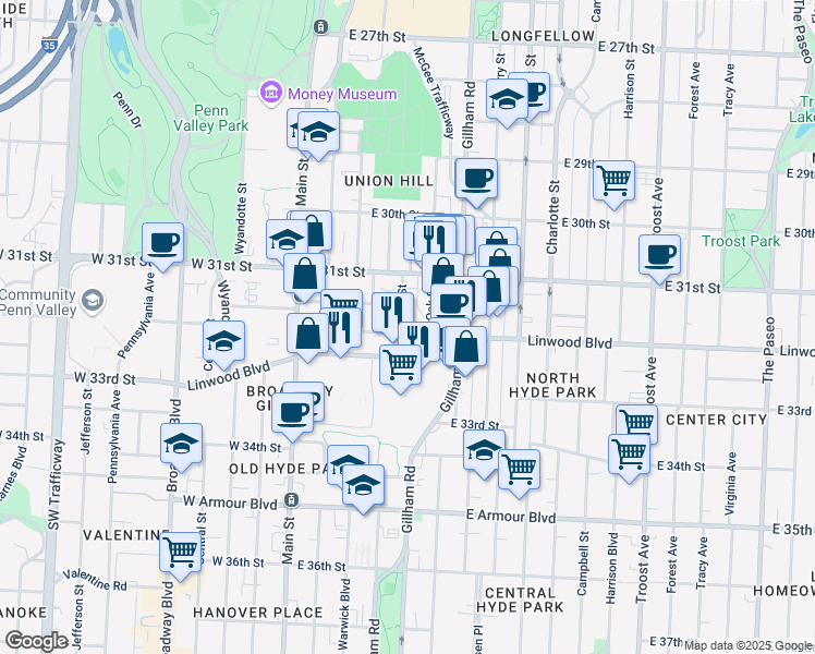 map of restaurants, bars, coffee shops, grocery stores, and more near 3137 McGee Street in Kansas City