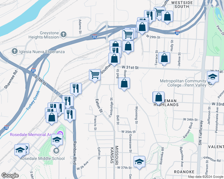 map of restaurants, bars, coffee shops, grocery stores, and more near 111 Cambridge Street in Kansas City