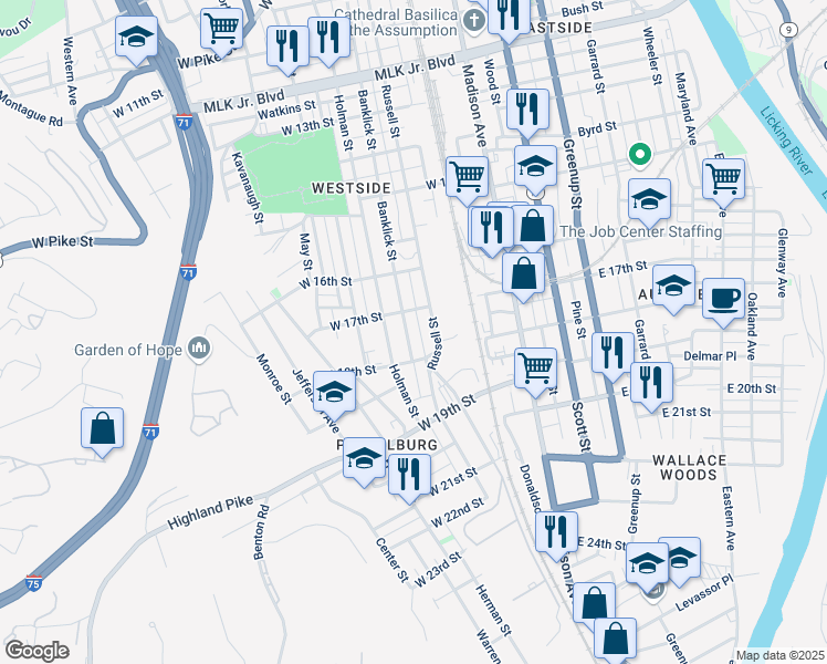 map of restaurants, bars, coffee shops, grocery stores, and more near 1731 Russell Street in Covington