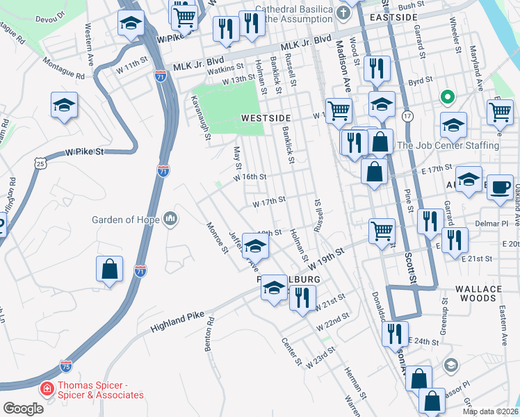 map of restaurants, bars, coffee shops, grocery stores, and more near 1715 Woodburn Avenue in Covington