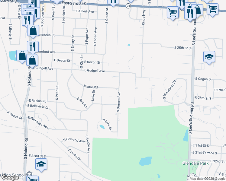 map of restaurants, bars, coffee shops, grocery stores, and more near 916 South Lake Drive Court in Independence