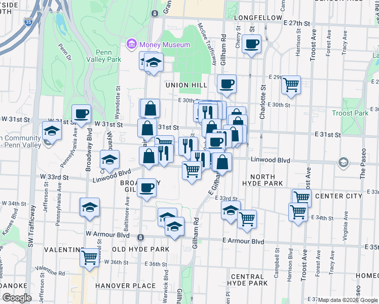 map of restaurants, bars, coffee shops, grocery stores, and more near 3141 McGee Street in Kansas City