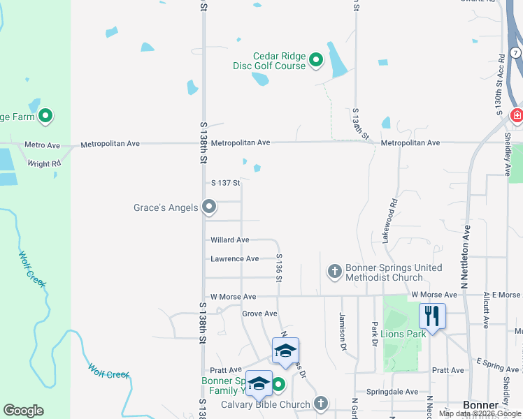 map of restaurants, bars, coffee shops, grocery stores, and more near 13650 Barber Avenue in Bonner Springs
