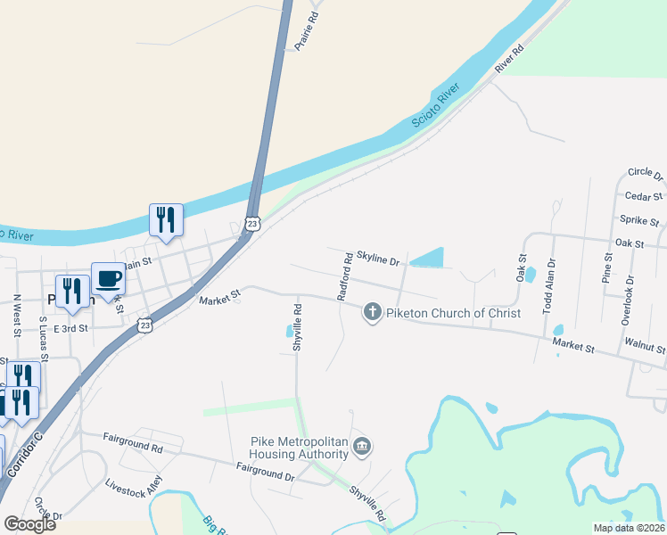 map of restaurants, bars, coffee shops, grocery stores, and more near 300 Radford Road in Piketon
