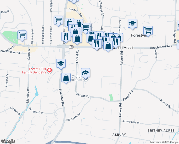 map of restaurants, bars, coffee shops, grocery stores, and more near 7560 Forest Road in Cincinnati