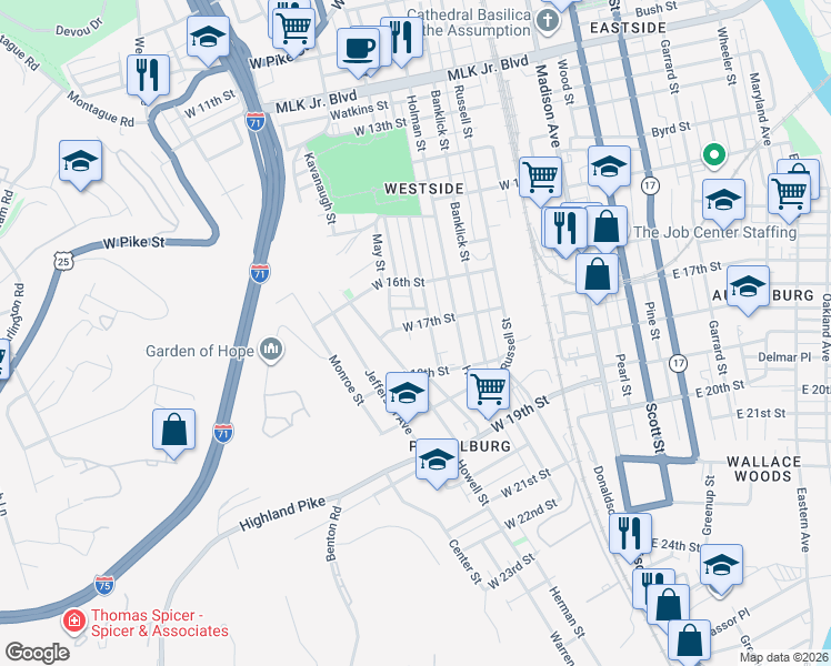 map of restaurants, bars, coffee shops, grocery stores, and more near 1715 Woodburn Avenue in Covington