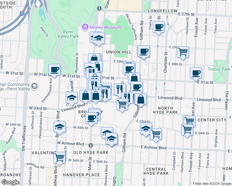 map of restaurants, bars, coffee shops, grocery stores, and more near 43 East 32nd Street in Kansas City