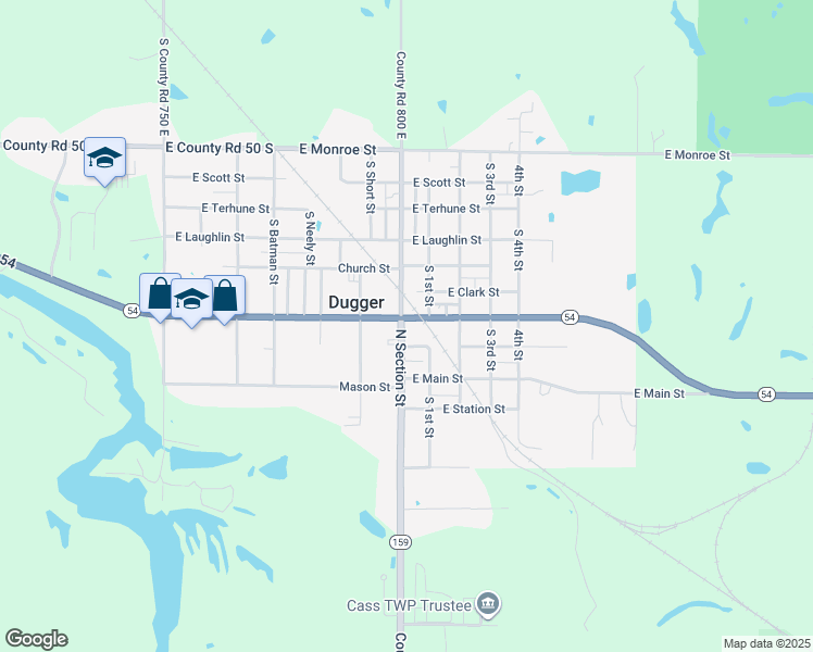 map of restaurants, bars, coffee shops, grocery stores, and more near 883 South Section Street in Dugger
