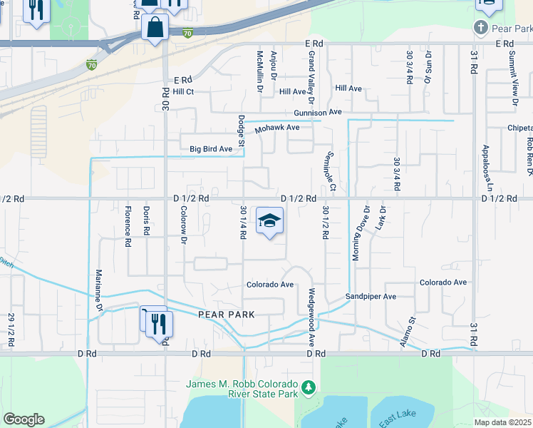map of restaurants, bars, coffee shops, grocery stores, and more near 436-498 Choctaw Place in Grand Junction