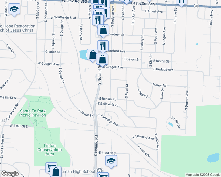 map of restaurants, bars, coffee shops, grocery stores, and more near 1810 South Dodgion Avenue in Independence