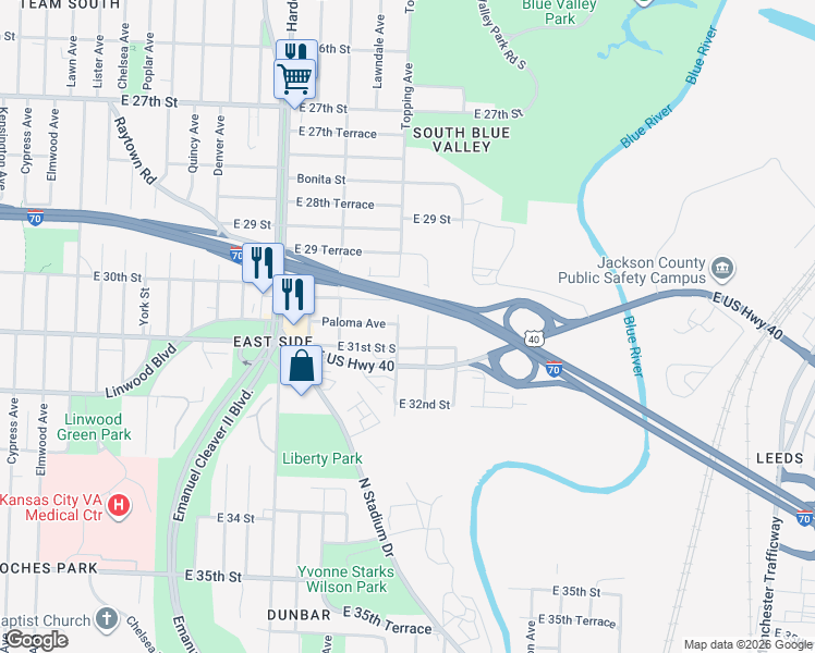 map of restaurants, bars, coffee shops, grocery stores, and more near 5816 East 31st Street in Kansas City