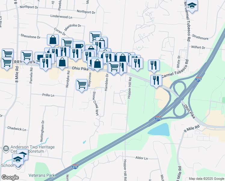 map of restaurants, bars, coffee shops, grocery stores, and more near 3998 Hamblen Drive in Cincinnati
