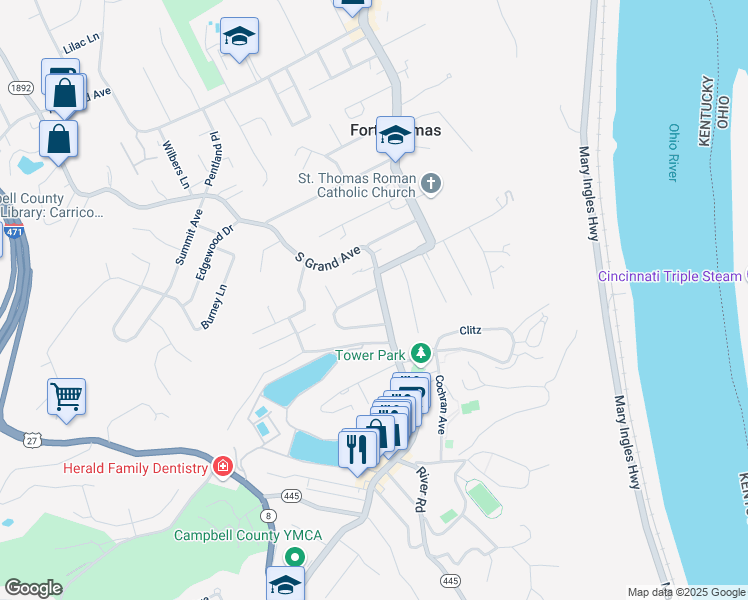 map of restaurants, bars, coffee shops, grocery stores, and more near 90 South Crescent Avenue in Fort Thomas