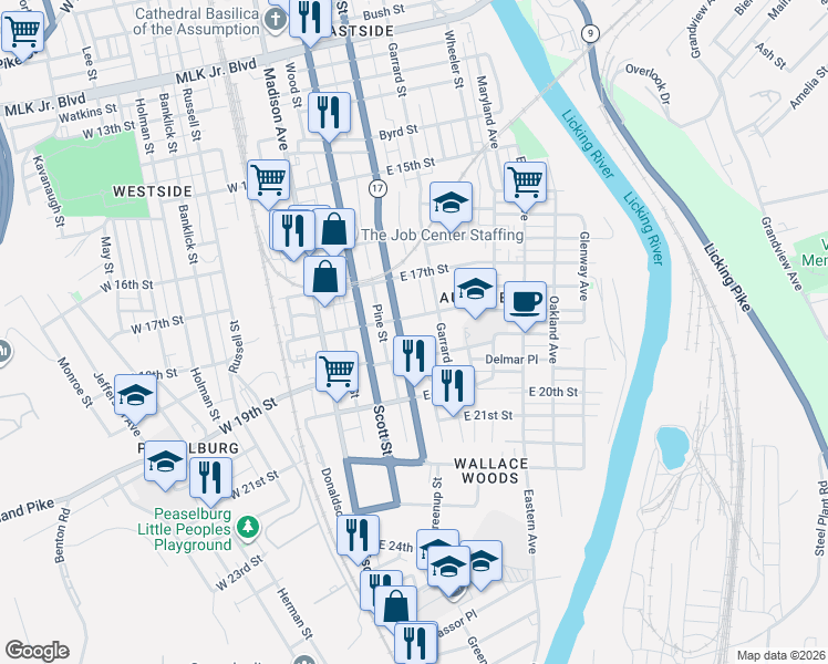 map of restaurants, bars, coffee shops, grocery stores, and more near 218 East 19th Street in Covington