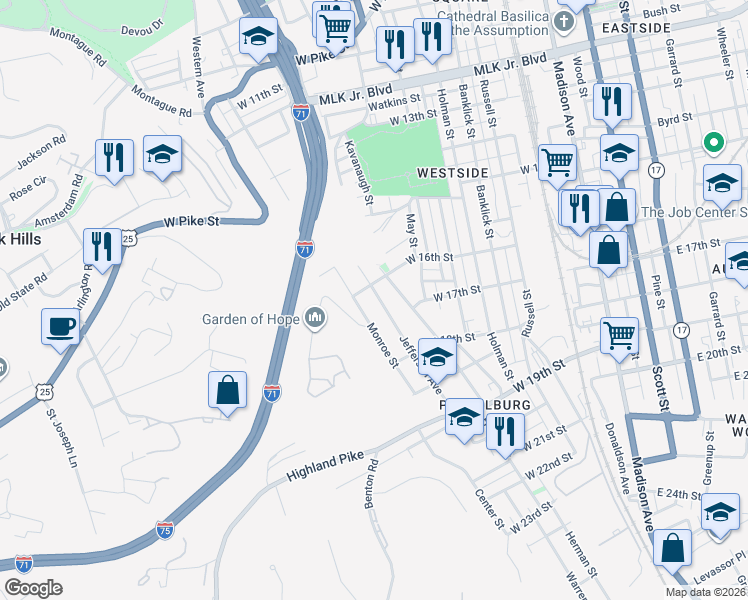 map of restaurants, bars, coffee shops, grocery stores, and more near 1627 Jefferson Avenue in Covington