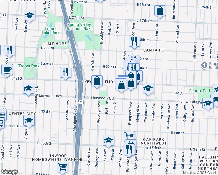 map of restaurants, bars, coffee shops, grocery stores, and more near 2340 Linwood Boulevard in Kansas City