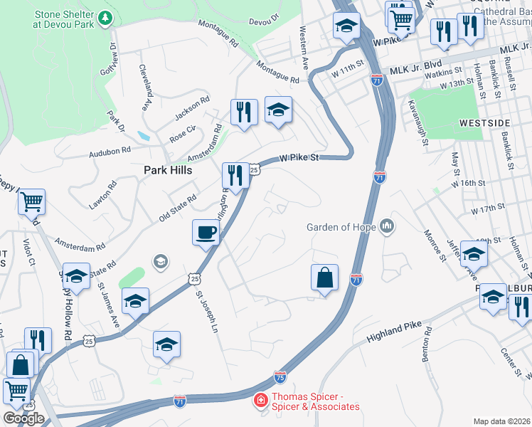 map of restaurants, bars, coffee shops, grocery stores, and more near 1109 Mount Allen Road in Park Hills